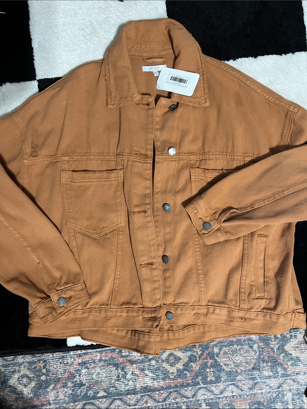 Women's Oversized Jean Jacket in Tan - Casual Button-Front